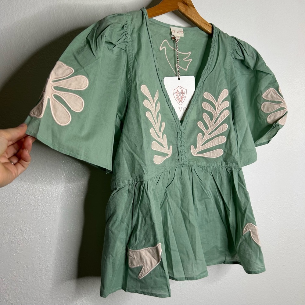 NWT Ex Voto 100% Cotton Chloe Short Sleeve Blouse in Green